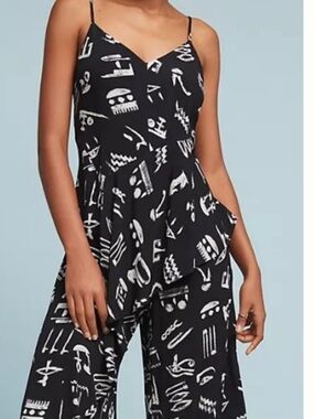 Maeve Black and Off-white Printed Spaghetti-Strap Jumpsuit